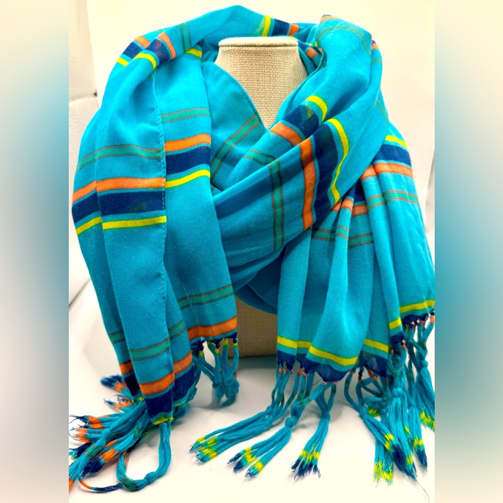 Long fashion striped scarf with fringe - teal, navy, yellow, salmon, green - Picture 1 of 11